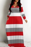 Green Yellow Casual Striped Print V Neck Long Dresses