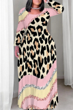 White Casual Leopard Print Faux Denim Print Contrast O Neck Printed Plus Size Dresses