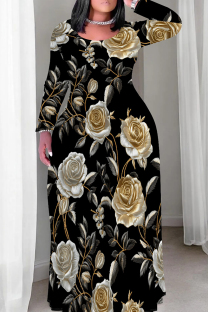 White Gold Casual Print Patchwork O Neck Long Plus Size Dresses
