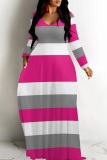 Green Yellow Casual Striped Print V Neck Long Dresses