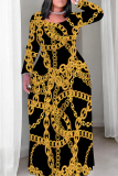 Black Gold Casual Print Patchwork O Neck Long Plus Size Dresses