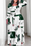 White Casual Leopard Print Faux Denim Print Contrast O Neck Printed Plus Size Dresses
