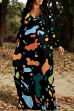Brown Casual Gradient Print Colorblock Pocket Contrast V Neck Printed Dresses