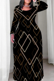 Black Gold Casual Print Patchwork O Neck Long Plus Size Dresses