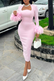 Pink Elegant Solid Color Patchwork Slit Zipper Feather Trim Asymmetrical Collar Dresses
