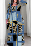 Black Gold Casual Print Patchwork O Neck Long Plus Size Dresses