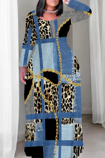 Blue Casual Print Patchwork O Neck Long Plus Size Dresses