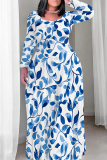 Black Gold Casual Print Patchwork O Neck Long Plus Size Dresses