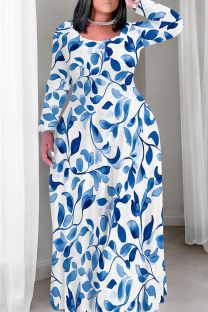 Blue White Casual Print Patchwork O Neck Long Plus Size Dresses