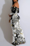 Brown Sexy Gradient Chain print Contrast Off Shoulder One Step Skirt Dresses