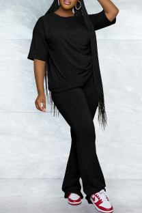 Black Casual Solid Color Patchwork O Neck Short Sleeve Two Pieces