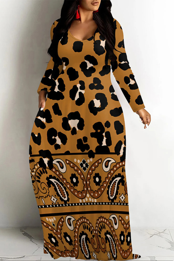 Brown Casual Gradient Print Colorblock Pocket Contrast V Neck Printed Dresses