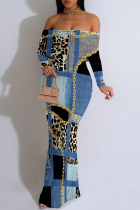 The cowboy blue Sexy Gradient Chain print Contrast Off Shoulder One Step Skirt Dresses