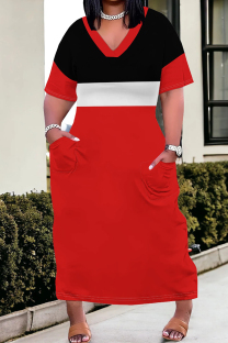 Red Casual Patchwork Pocket Contrast V Neck Long Plus Size Dresses