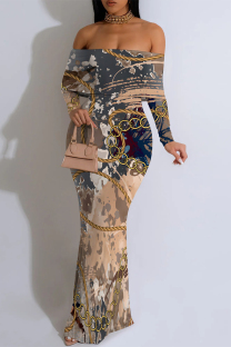 Brown Sexy Gradient Chain print Contrast Off Shoulder One Step Skirt Dresses