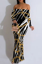 Black And White Sexy Gradient Chain print Contrast Off Shoulder One Step Skirt Dresses