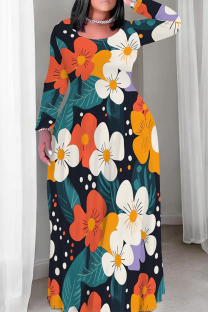 Orange White Casual Print Patchwork O Neck Long Plus Size Dresses