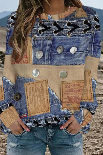 Blue Black Casual Street Faux Denim Print Contrast O Neck Tops