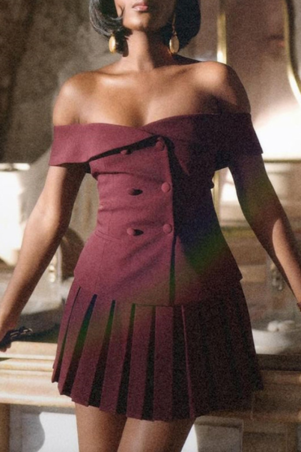 Burgundy Sexy Solid Color Buttons Patchwork Pleated Off Shoulder Two Pieces