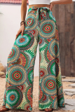 Green Casual Print Patchwork Strap Design Loose High Waist Wide Leg Full Print Bottoms