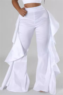 White Casual Solid Color Stringy Selvedge Regular High Waist Wide Leg Patchwork Trousers