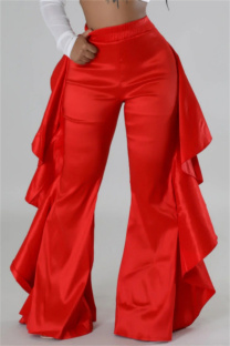 Red Casual Solid Color Stringy Selvedge Regular High Waist Wide Leg Patchwork Trousers