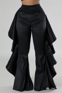 Black Casual Solid Color Stringy Selvedge Regular High Waist Wide Leg Patchwork Trousers