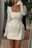 White Elegant Solid Color Patchwork Zipper Square Neck Long Sleeve Dresses