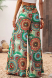 Green Casual Print Patchwork Strap Design Loose High Waist Wide Leg Full Print Bottoms