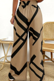 Khaki Casual Stripe Patchwork Strap Design Loose Mid Waist Wide Leg Full Print Bottoms