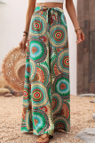 Green Casual Print Patchwork Strap Design Loose High Waist Wide Leg Full Print Bottoms