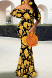 Black Gold Elegant Print Patchwork Backless Off Shoulder Long Dresses