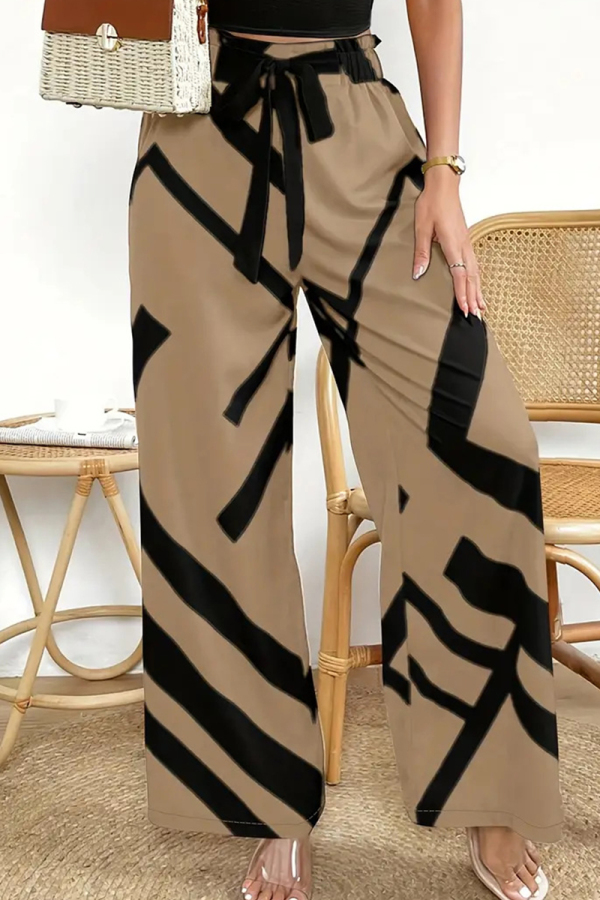 Khaki Casual Stripe Patchwork Strap Design Loose Mid Waist Wide Leg Full Print Bottoms