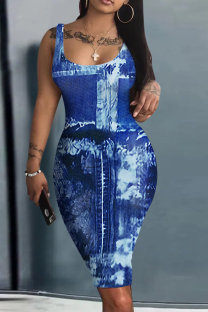 Blue Casual Print Basic U Neck Vest Dresses