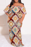 White Sexy Geometric Print Floral Print Contrast Off Shoulder Printed Plus Size Dresses