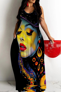 Black Yellow Casual Figure Print Backless Spaghetti Strap Long Dresses