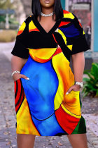 Blue Yellow Casual Print Basic V Neck Short Sleeve Plus Size Dresses