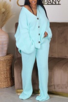 Water Blue Casual Solid Color Buttons V Neck Long Sleeve Two Pieces