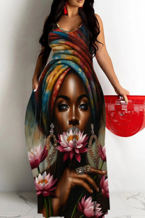Brown Casual Figure Print Backless Spaghetti Strap Long Dresses