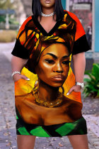 Golden Yellow Casual Print Basic V Neck Short Sleeve Plus Size Dresses