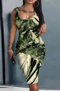 Green Casual Print Basic U Neck Vest Dresses