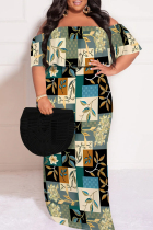 Green Sexy Geometric Print Floral Print Contrast Off Shoulder Printed Plus Size Dresses