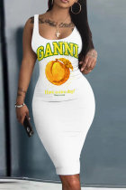 White Yellow Casual Print Basic U Neck Vest Dresses