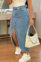 Blue Street Solid Color Pocket Buttons Patchwork High Slit Zipper High Waist Regular Denim Skirts