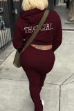 Burgundy Casual Letters Embroidered Pocket Lace Up Patchwork O Neck Long Sleeve Two Pieces