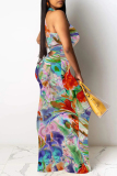 Multicolor Casual Floral Print Hollow Out O Neck Long Dresses