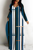 Black Green Casual Striped Print Basic V Neck Long Dresses