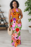 Multicolor Casual Floral Print Hollow Out O Neck Long Dresses