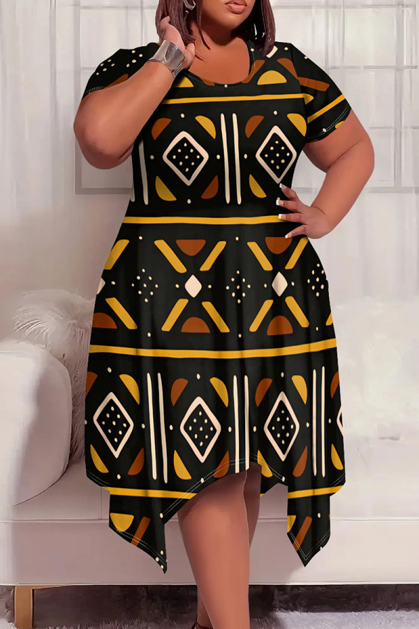 Black Yellow Casual Print Patchwork O Neck Irregular Plus Size Dresses