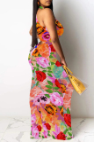 Multicolor Casual Floral Print Hollow Out O Neck Long Dresses